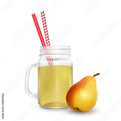 The jar of smoothies of pear with striped straw for cocktails isolated on white background for advertising your products drinks in restaurants and cafes. Vector EPS 10 illustration