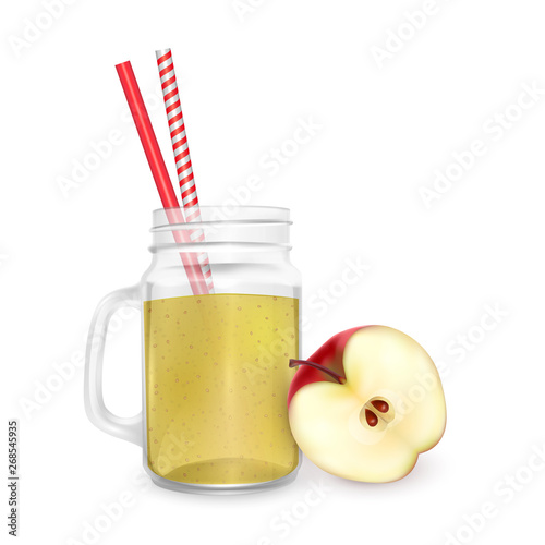 The jar of smoothies of red apple with striped straw for cocktails isolated on white background for advertising your products drinks in restaurants and cafes. Vector EPS 10 illustration