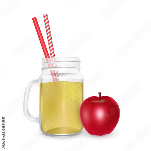 The jar of smoothies of red apple with striped straw for cocktails isolated on white background for advertising your products drinks in restaurants and cafes. Vector EPS 10 illustration