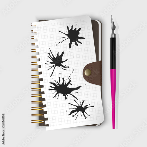 Vector fountain pen, fountain pen on notepad and Black ink paint spots. Realistic style illustrated
