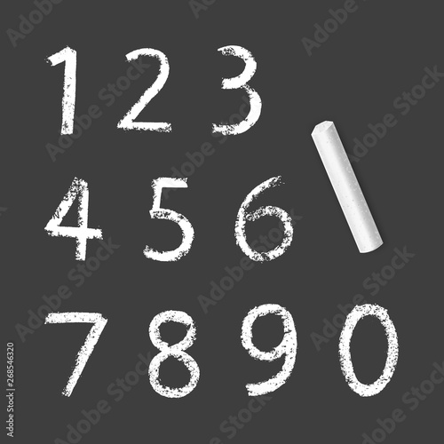Chalky Numbers of one to zero, chalk texture on dark background, vector illustration