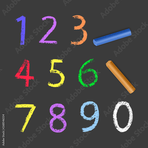 Chalky Numbers of one to zero, chalk texture on dark background, vector illustration