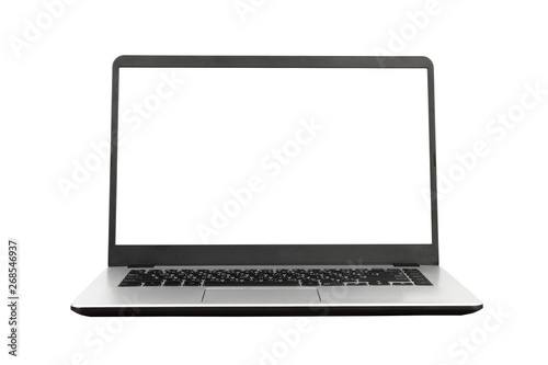 Laptop with blank screen on white background