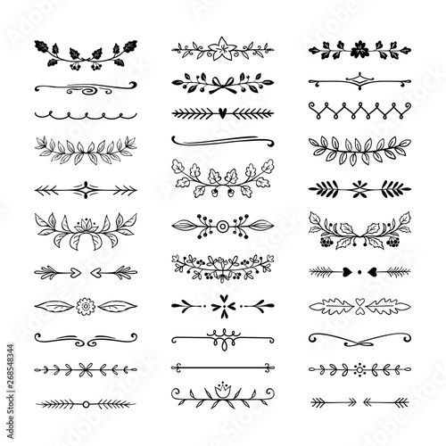 Doodle dividers. Hand drawn line borders, wedding decoration elements, nature floral laurel. Vector divider vines pencil sketch