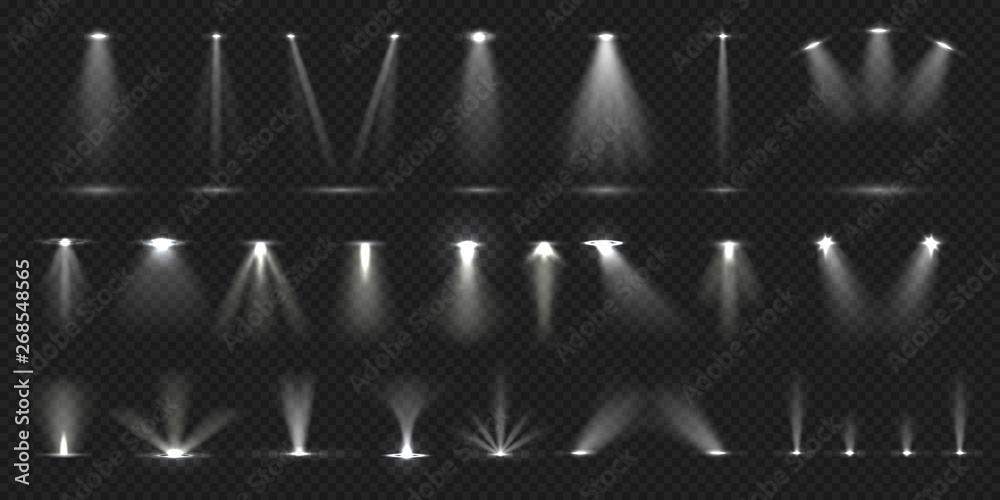 Stage spotlight. Show stage light effect, bright lighted concert scene for theater gallery disco club. Vector realistic vivid spotlight collection