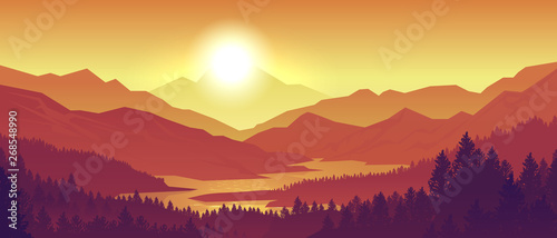 Mountain sunset landscape. Realistic pine forest and mountain silhouettes, evening wood panorama. Vector illustration wild nature background © SpicyTruffel