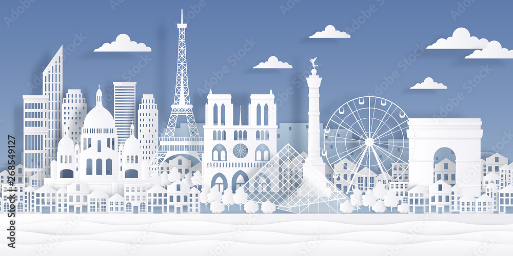 Fototapeta premium Paris paper landmark. Eiffel tower french monument, travel city symbol, paper cut cityscape design. Vector Paris origami skyline landscape