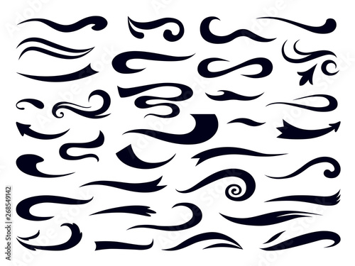 Swashes and swooshes. Curly swirl elements, retro typography underline design template, font lettering accent. Vector sports vintage black logo set