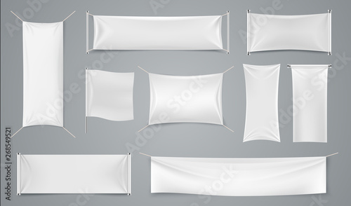 Textile ad banner. Blank white fabric advertising mockup, realistic isolated cloth ad sheet. Vector image folds rectangular promotion flag