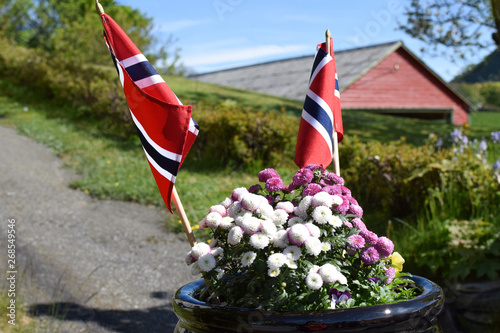 Flowers and flags. Street of the Norwegian village on the eve of the celebration of the Norwegian Constitution Day.