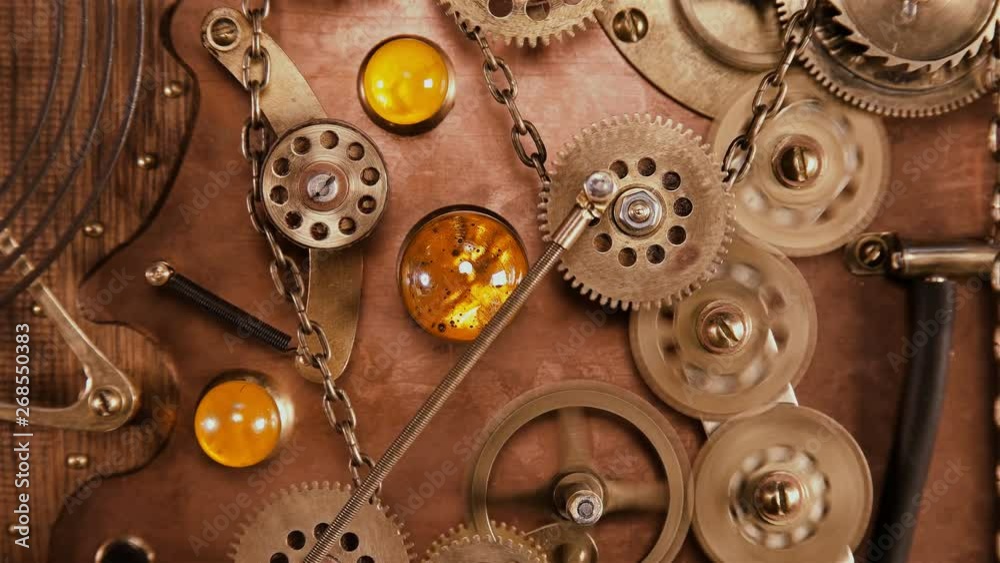 Steampunk, a time machine with rotating gears, a chain, blinking lights ...