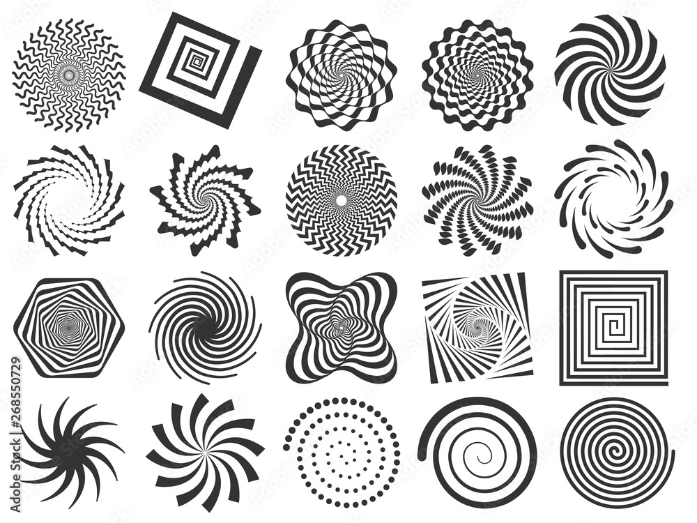 Swirl silhouette. Spiral swirling spin, swirls circle and abstract swirled silhouettes vector illustration set