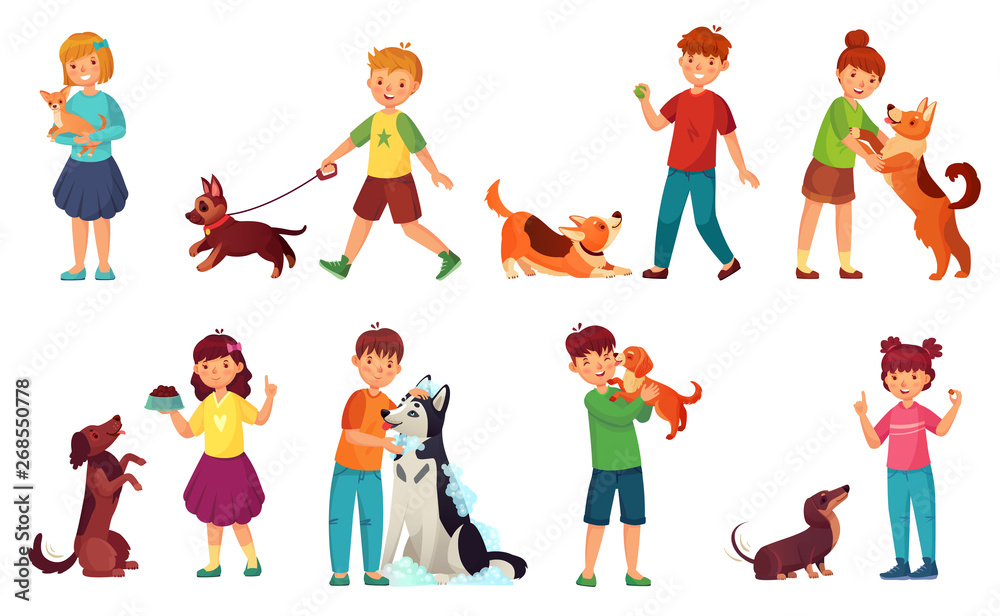 Kids playing with dogs. Child feeding dog, pet animals care and kid walking with cute puppy cartoon vector illustration set