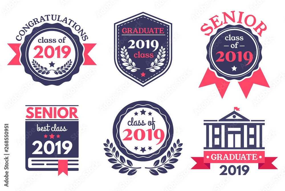 Graduate senior school badge. Graduation day emblem, graduates congratulations badges and education emblems vector illustration set