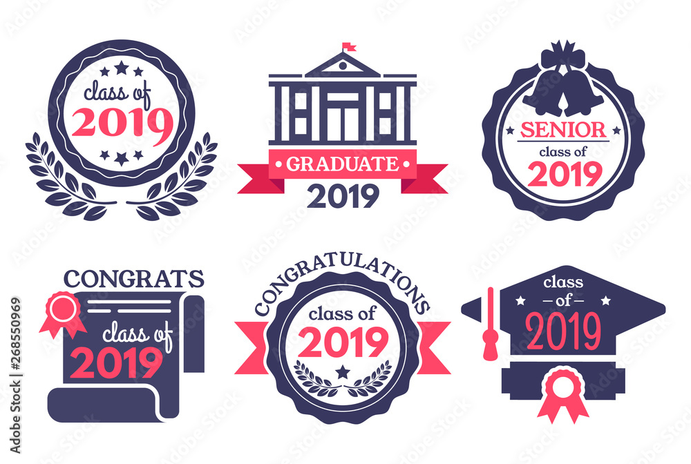 Graduate student badge. Congratulations graduates, graduation day badges and school graduation vector illustration set