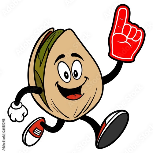 Pistachio Nut running with a Foam Hand - A cartoon illustration of a Pistachio Nut mascot.