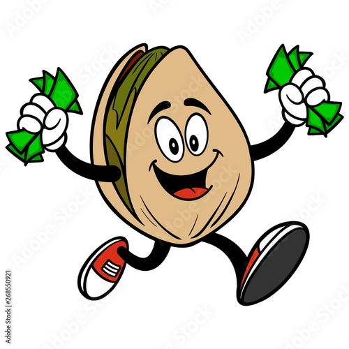 Pistachio Nut running with Money - A cartoon illustration of a Pistachio Nut mascot.