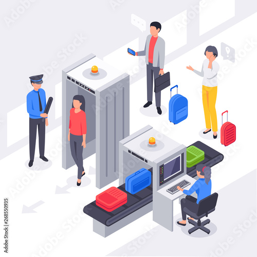 Isometric airport security. X ray check passengers baggage scanning, travelers luggage scan and metal detectors vector illustration