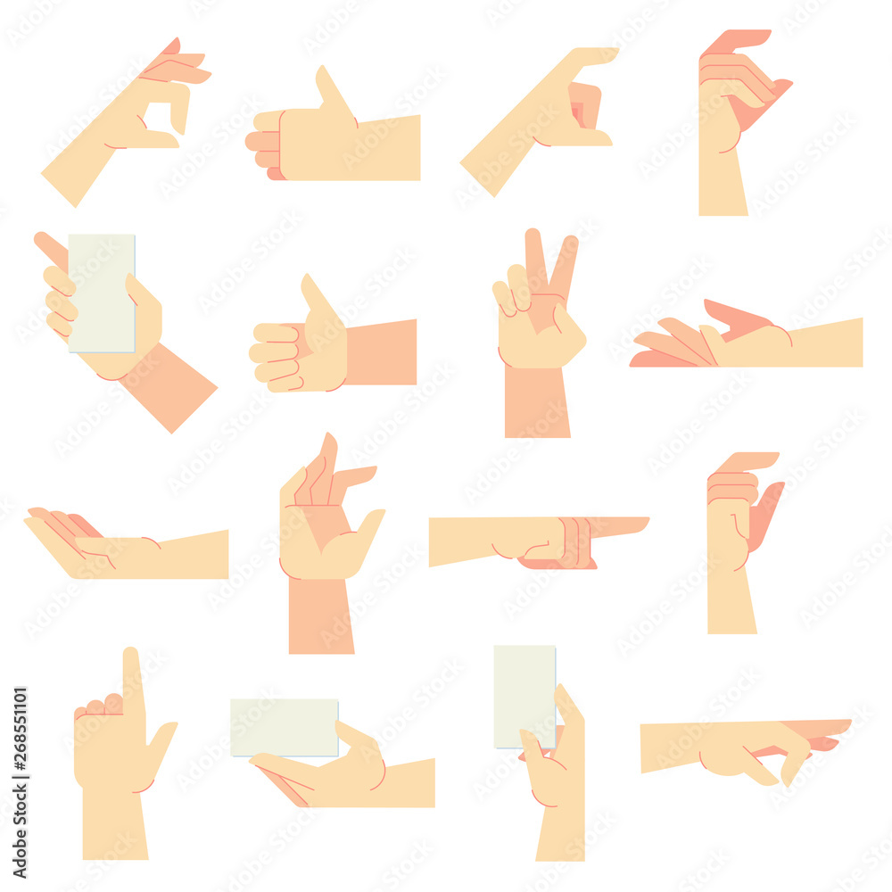 Hands gestures. Pointing hand gesture, women hands and hold in hand vector cartoon illustration set