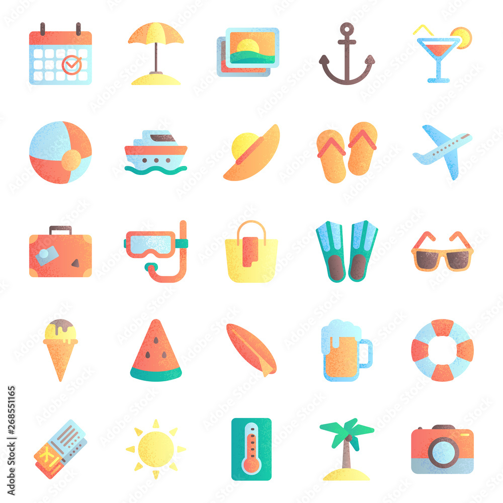 Summer flat icons. Summertime vacation, beach umbrella and sunglasses. Hot sun icon vector illustration set