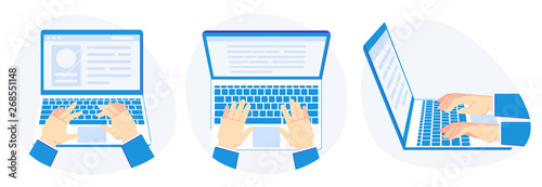 Working on laptop. Hands on computer keyboard, work presentation and computers screen vector illustration set