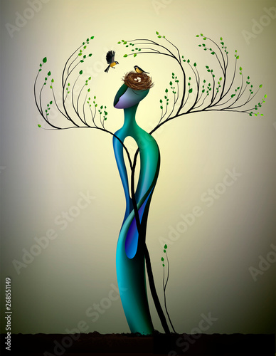 alive happy spring tree with titmouses bird, concept of happy tree, tree soul, man like smile to the bird, fairytale in the nature, plant alive idea,