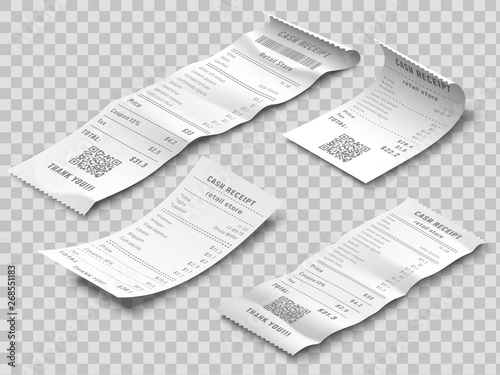 Isometric financial check. Payment checks, thermal printed rolled paper receipt and payments receipts isolated realistic 3d vector set