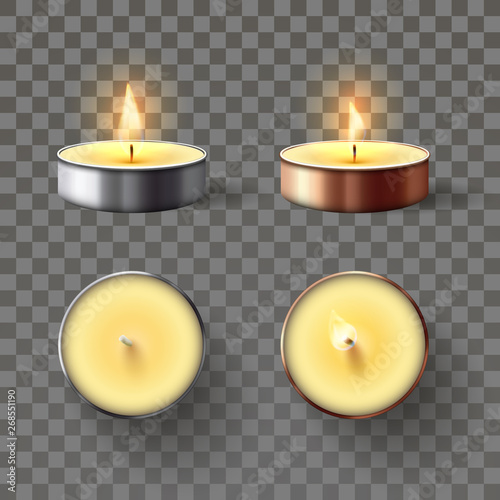 Tea candle. Romantic candles in metal flame, relaxing wax candle fire and spa aromatherapy candlelight isolated 3D vector set