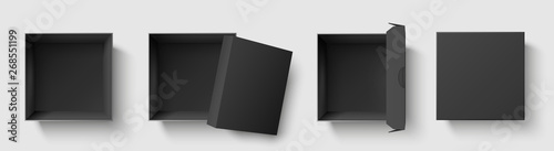 Black top view box. Dark package square boxes with open cap, empty cube packages mockup 3d isolated template vector illustration set photo