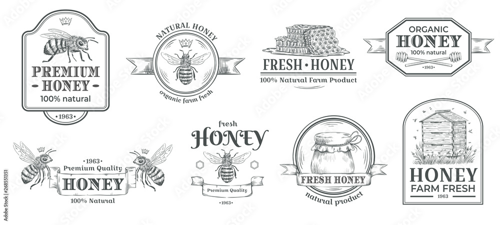 Honey farm badge. Beekeeping logo, retro bee badges and vintage hand drawn mead label vector illustration set Honey farm badge. Beekeeping logo, retro bee badges and vintage hand drawn mead label vector illustration set