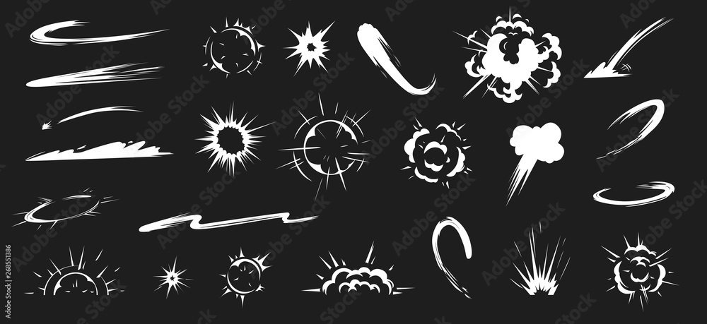 Comic energy explosion. Cartoon flame smoke cloud, speed hit vfx effect and promo flash blast vector illustration set