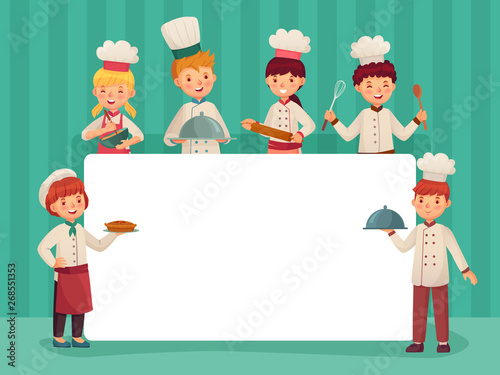 Kids chefs frame. Children cooks, little chef cooking food and restaurant kitchen students cartoon vector illustration