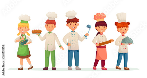 Young chefs. Happy children cooks, kids cooking and baking in chef costume cartoon vector illustration