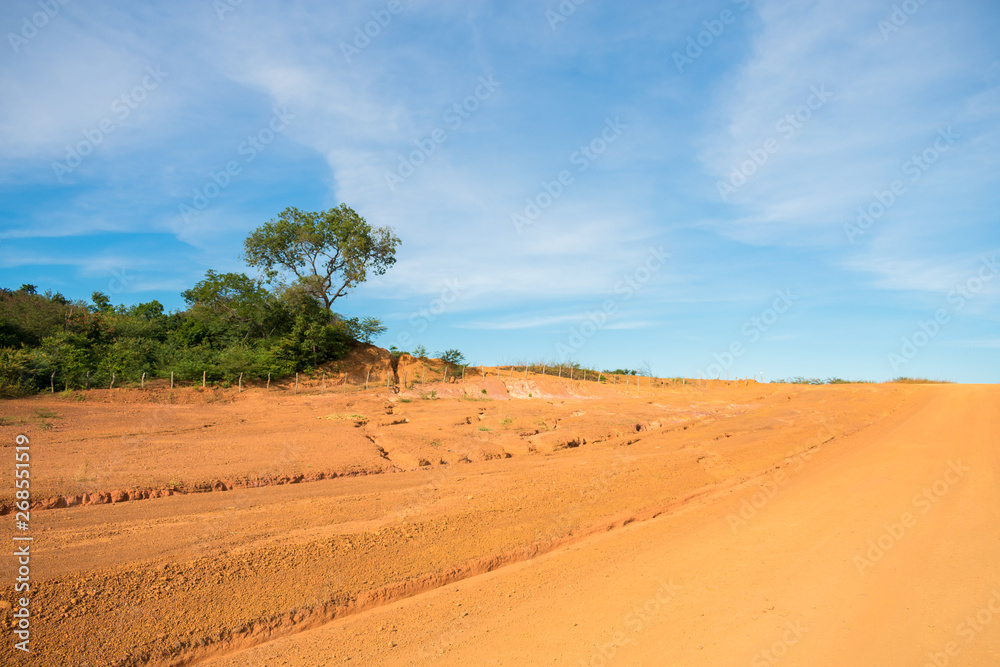 Dry, orange soil and blue sky in the countryside of Oeiras - Piaui state, Brazil (Sertao landscape)