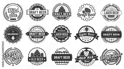 Brewery beer badges. Craft beers emblems, hop lager and pub hops badge isolated vector illustration set