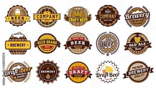 Beer label badges. Retro beers brewery, lager bottle badge and vintage beer emblem isolated vector illustration set
