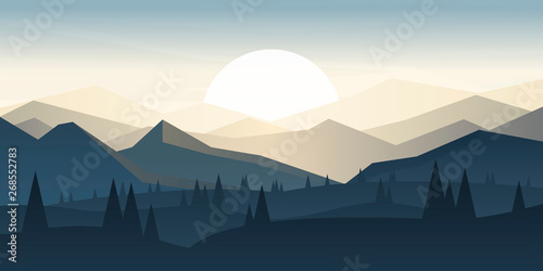 Peaceful landscape. Vector illustration. Minimalist style. Monotone colors. Wallpaper in the natural concept. Silhouettes of the mountains. Slopes, relief. Panoramic image