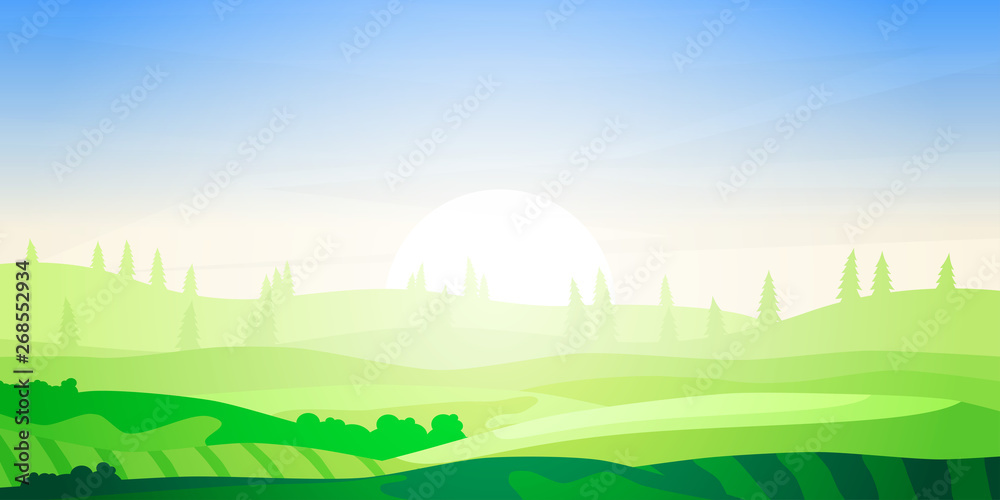 Obraz premium Peaceful landscape. Vector illustration. Minimalist style. Monotone colors. Wallpaper in the natural concept. Panoramic image