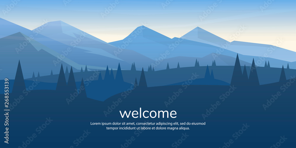 Peaceful landscape. Vector illustration. Minimalist style. Monotone colors. Wallpaper in the natural concept. Silhouettes of the mountains. Slopes, relief. Panoramic image