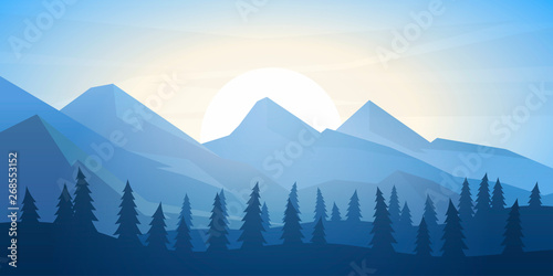 Peaceful landscape. Vector illustration. Minimalist style. Monotone colors. Wallpaper in the natural concept. Silhouettes of the mountains. Slopes, relief. Panoramic image