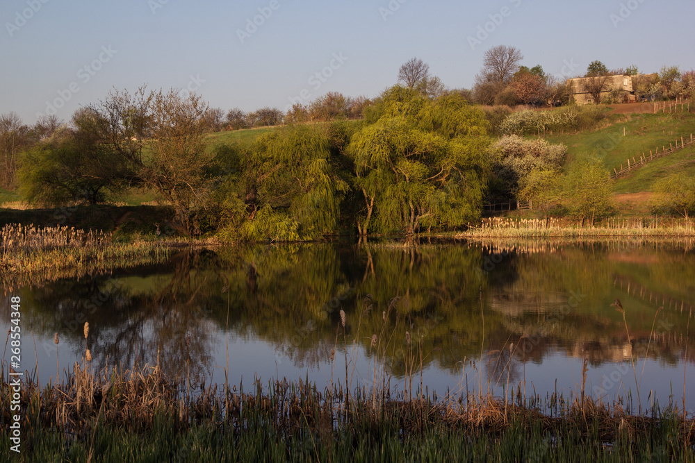 Sunny morning in the spring on the lake, reflection background