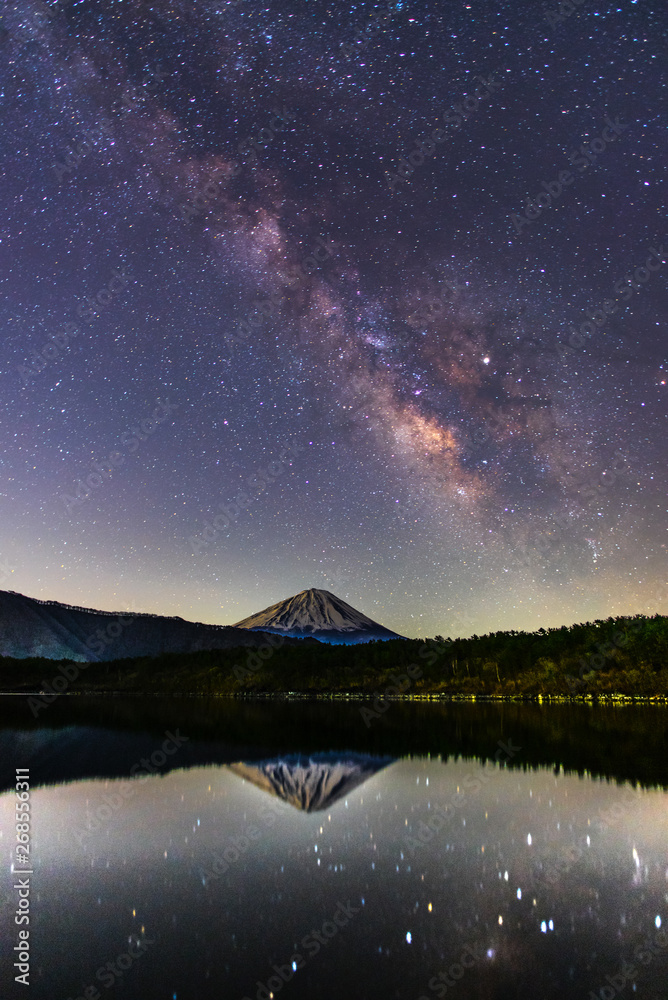 Milky way rising over Fuji mountain at Saiko lake in Japan