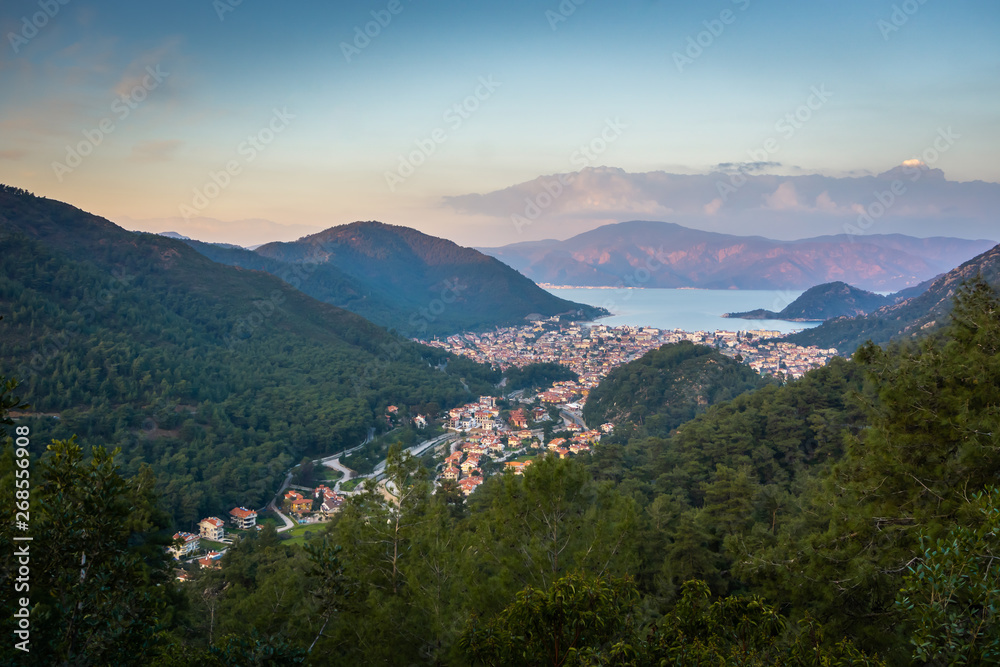 Aerial view from Marmaris bay, Turkey. Sunset sky. Holiday and summer concept.