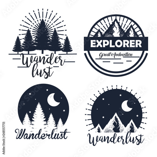 set of labels with pines trees and snowy mountains with moon