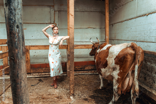 the woman is a milkmaid in the cowshed , farm