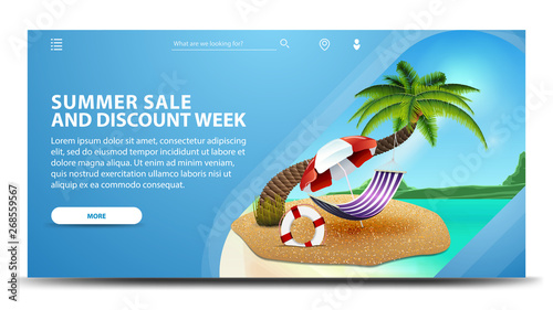 Summer sale and discount week, modern blue web banner for your website with palm tree, hammock and beach umbrella
