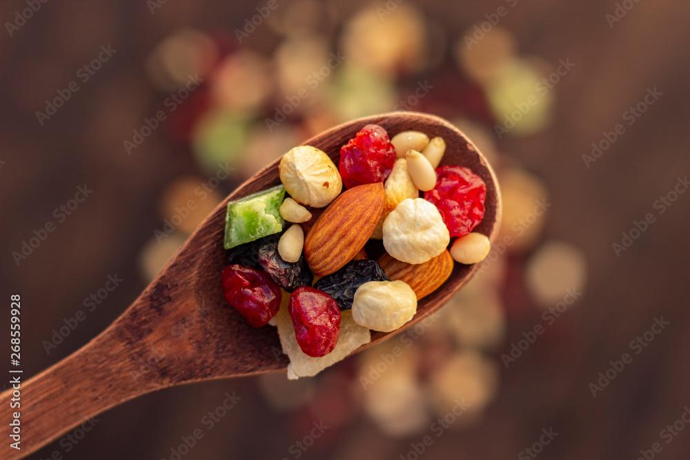 nuts and dried fruits assortment - obrazy, fototapety, plakaty 