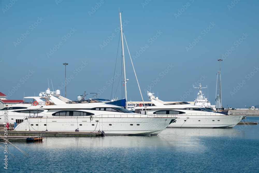 Beautiful clear day in the sea harbor with moored yachts.