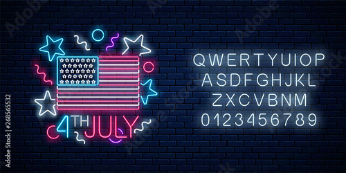USA independence day glowing neon sign with usa flag and alphabet. 4th july holiday banner.
