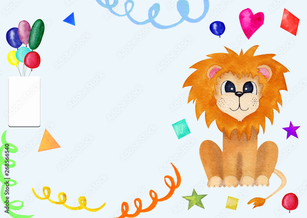 Cute greeting card for kids with lion. birthday invitation with place for text with baby blue background.